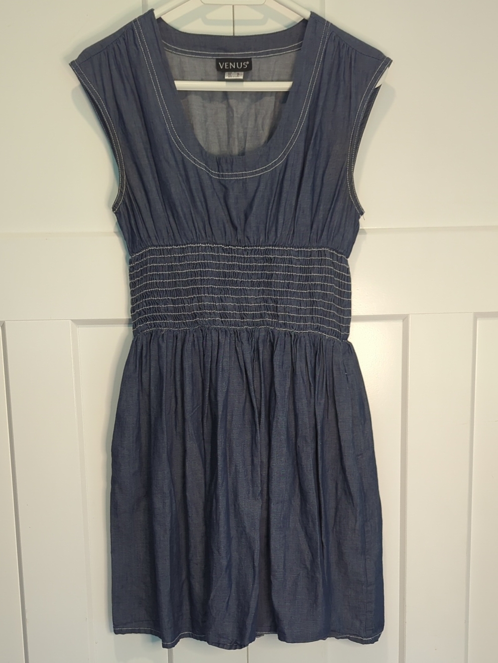 Vintage Venus Blue Denim-Effect Smocked Waist Dress Size 8